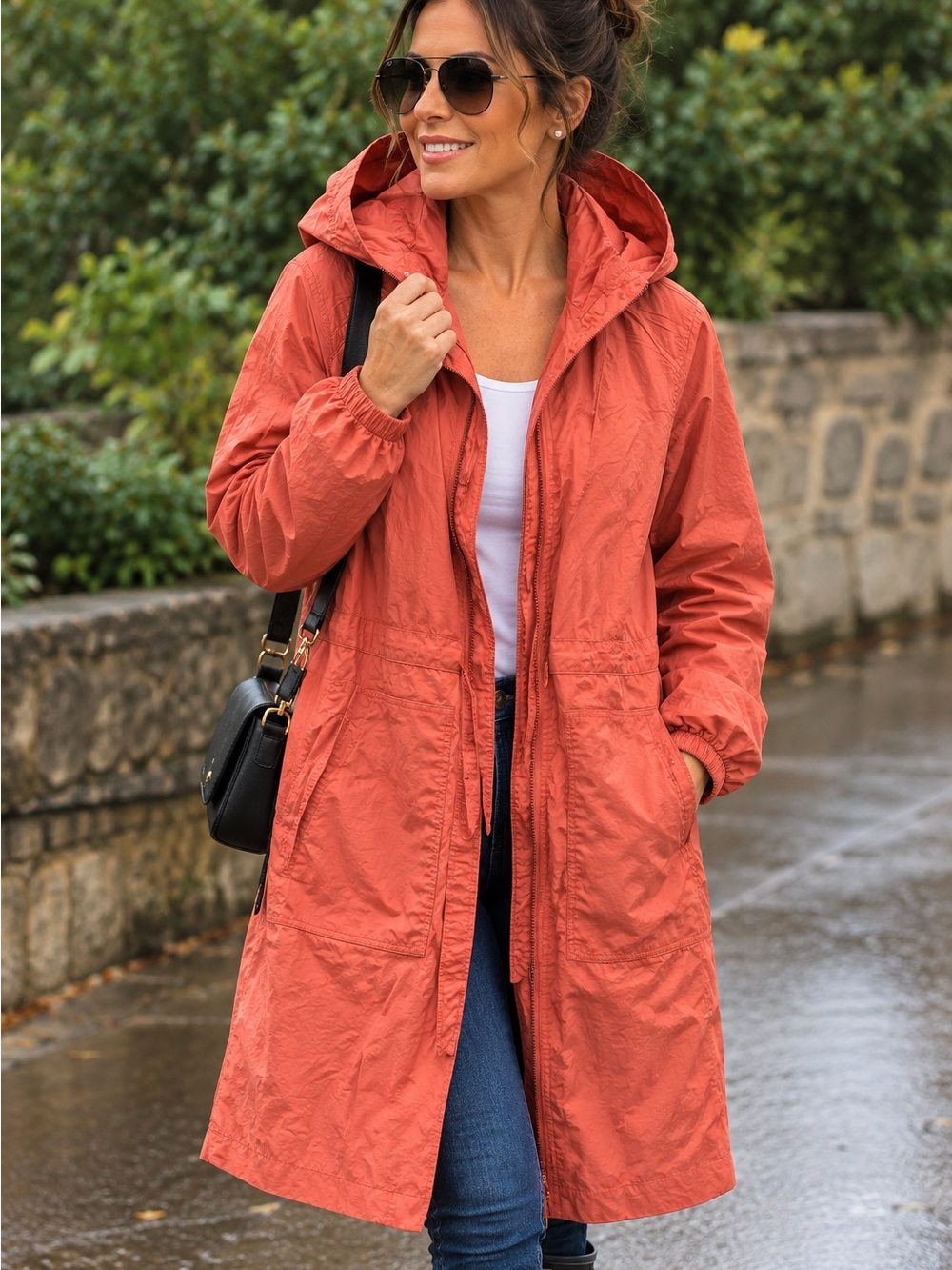 Lightweight Hooded Trench Coat in Rust Orange for Women smoke free home